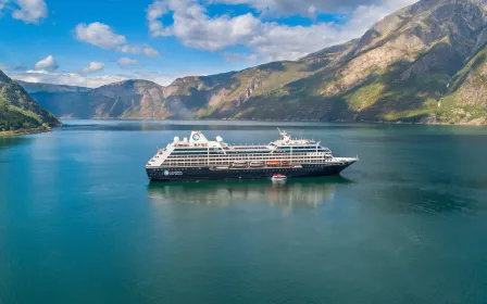 Azamara Pursuit cruise ship at anchor near port