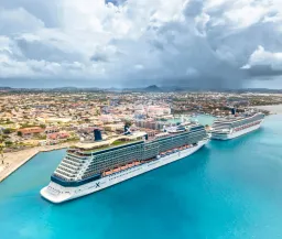 cruise ships docked at port of Oranjestad, Aruba (Aerial View)