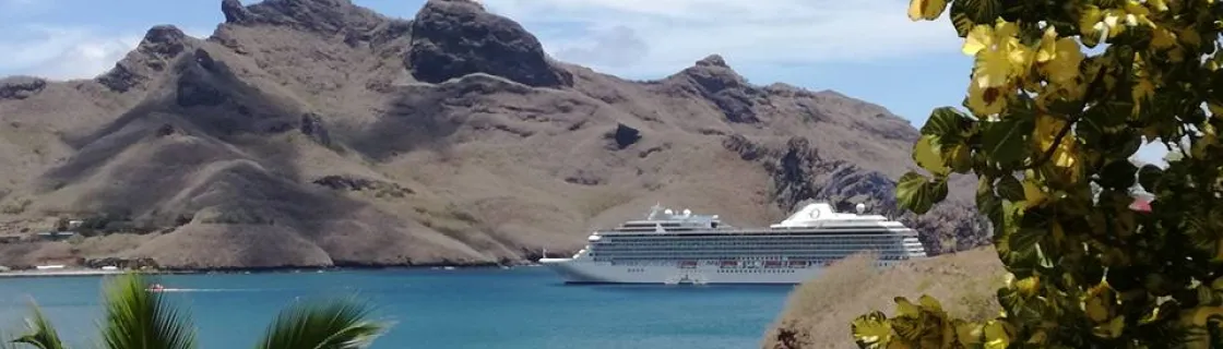 cruise ship arrival at the port of Nuku Hiva, French Polynesia